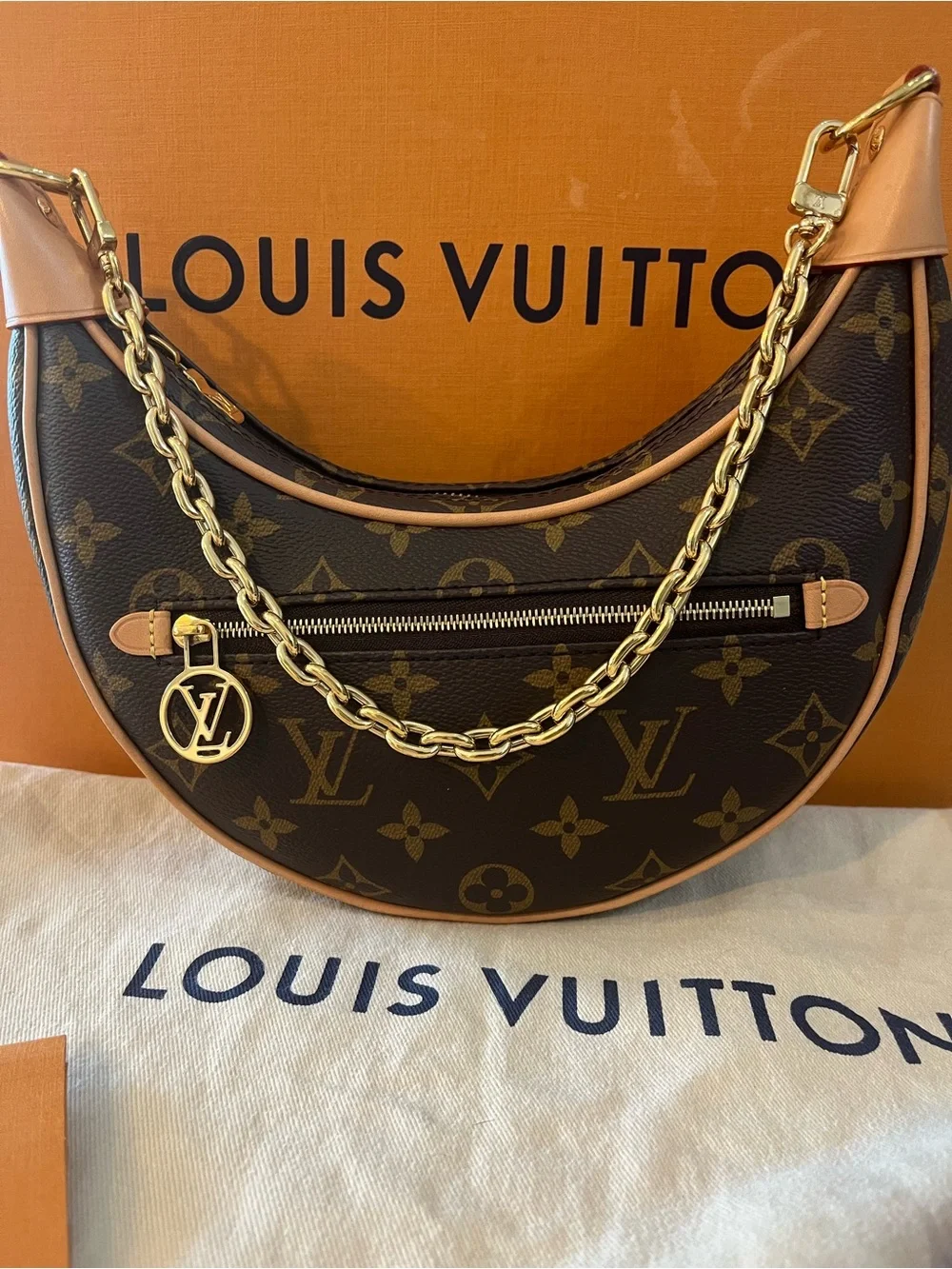 Louis Vuitton Monogram Crescent Shoulder Bag with Gold Chain and Tan Trim